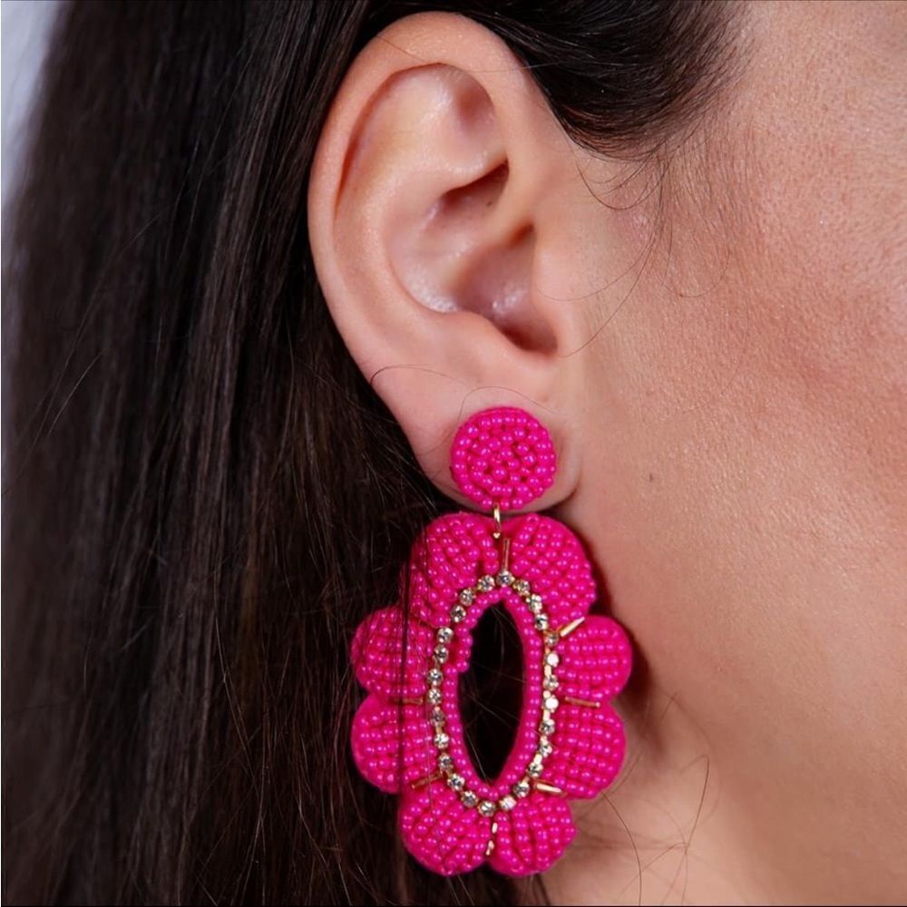Anthropologie Fuchsia Beaded Floral Drop Earrings with Gold Accents